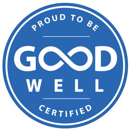 A round, blue logo with white text that says “Proud to be GoodWell certified”